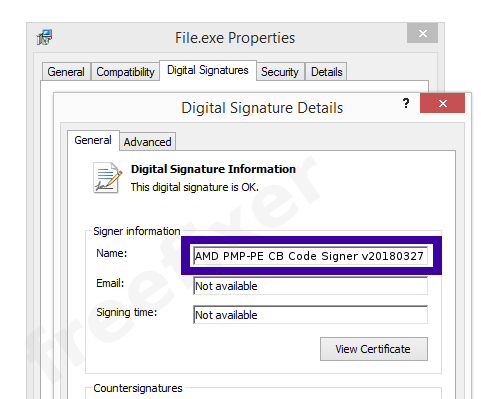 Screenshot of the AMD PMP-PE CB Code Signer v20180327 certificate